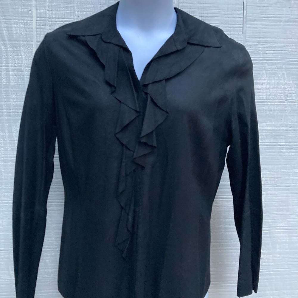 Luisa Cerano Black Leather Shirt with Waterfall Collar, 42 (L)